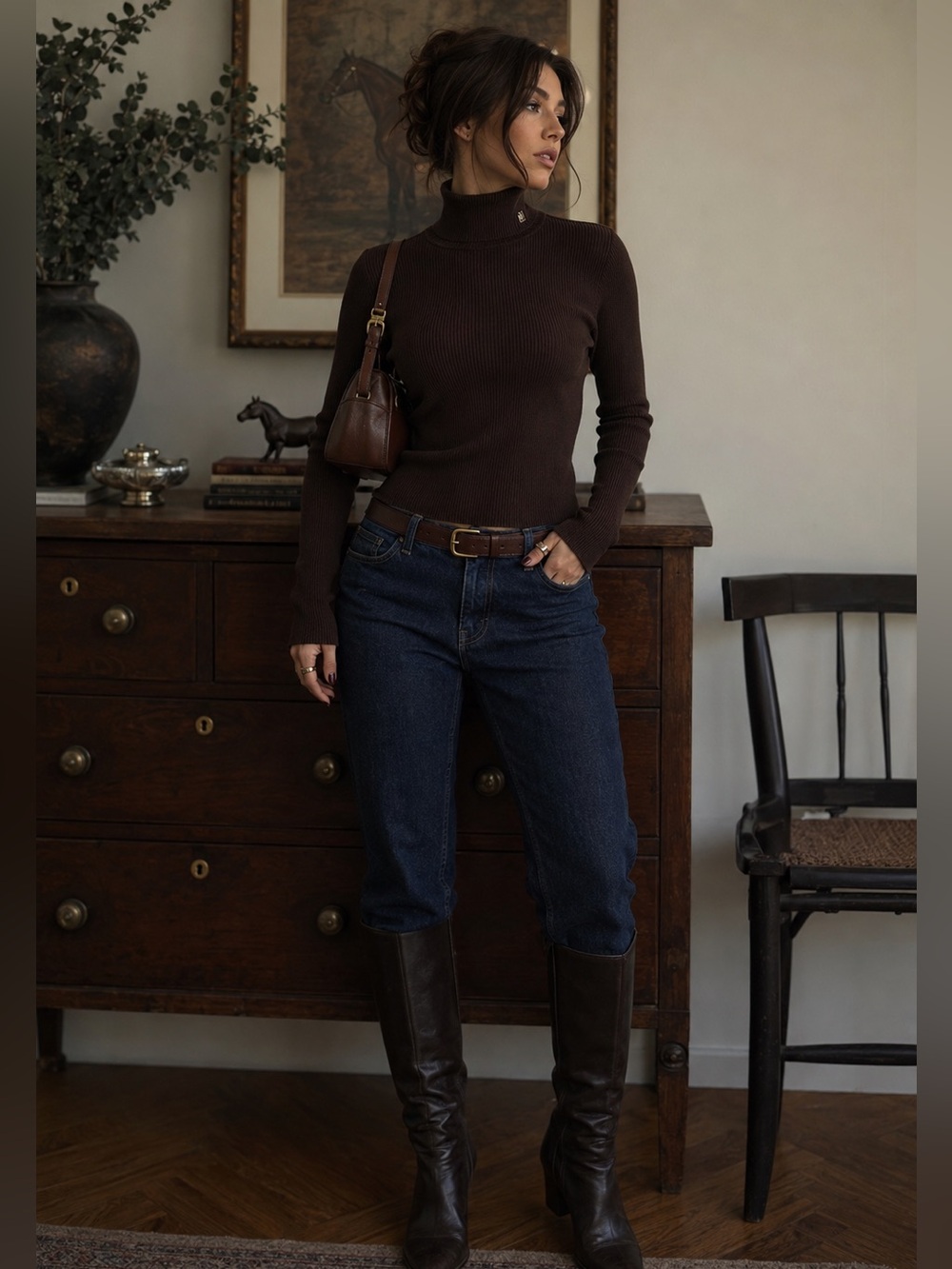 Lauren Ralph Lauren 100% Cotton Chocolate Brown Ribbed Turtleneck Sweater M